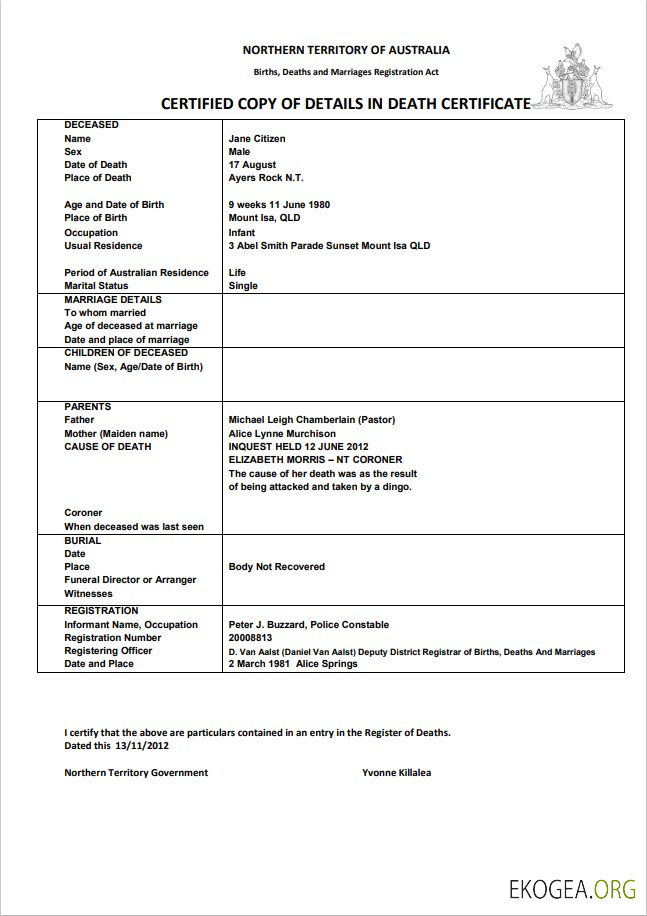 Australie Modèle de certificat de décès du Territoire du Nord de l'Australie au format Word